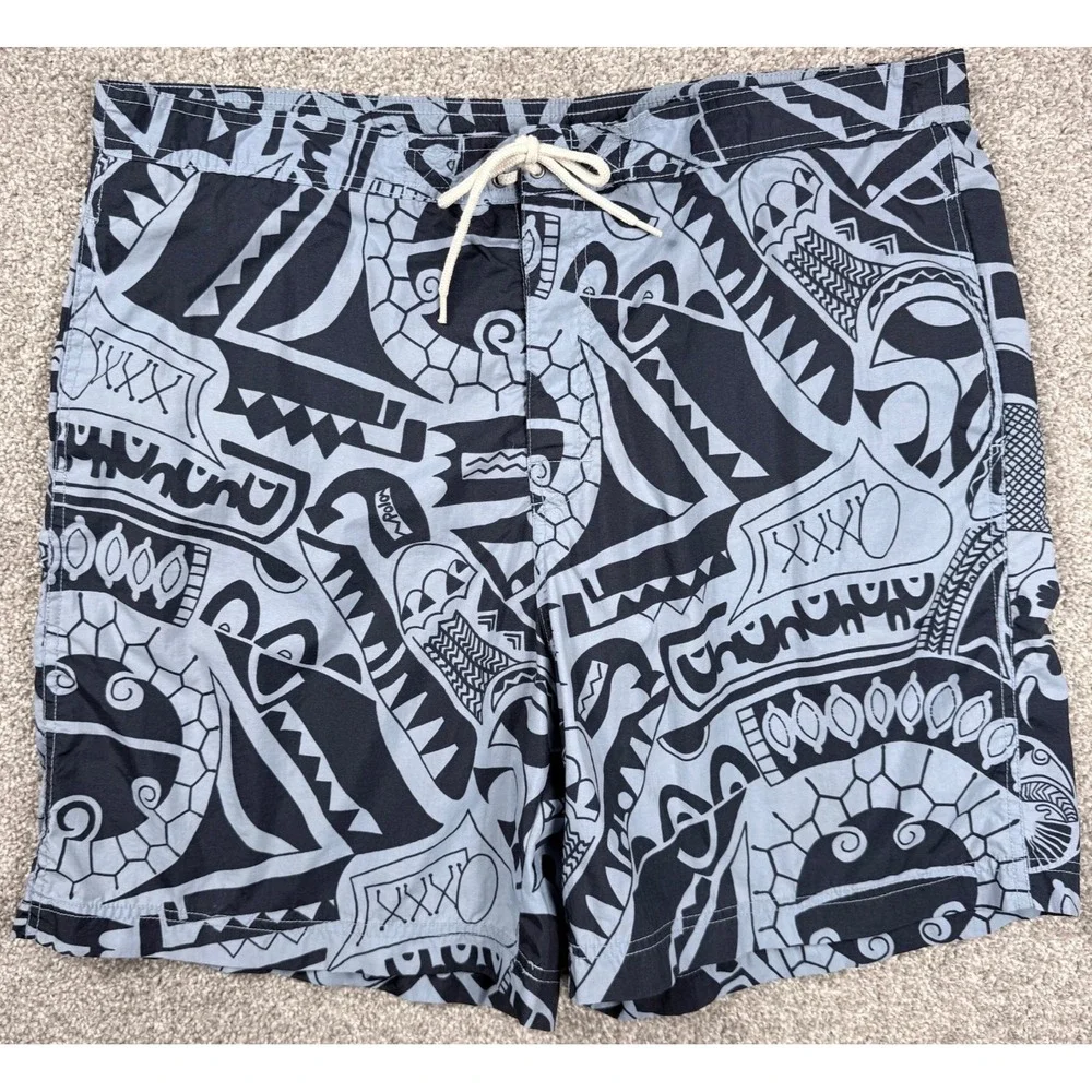 Polo Sport Ralph Lauren Swim Trunks XL Blue Tribal Tiki Print Mesh‎ Lined Y2K